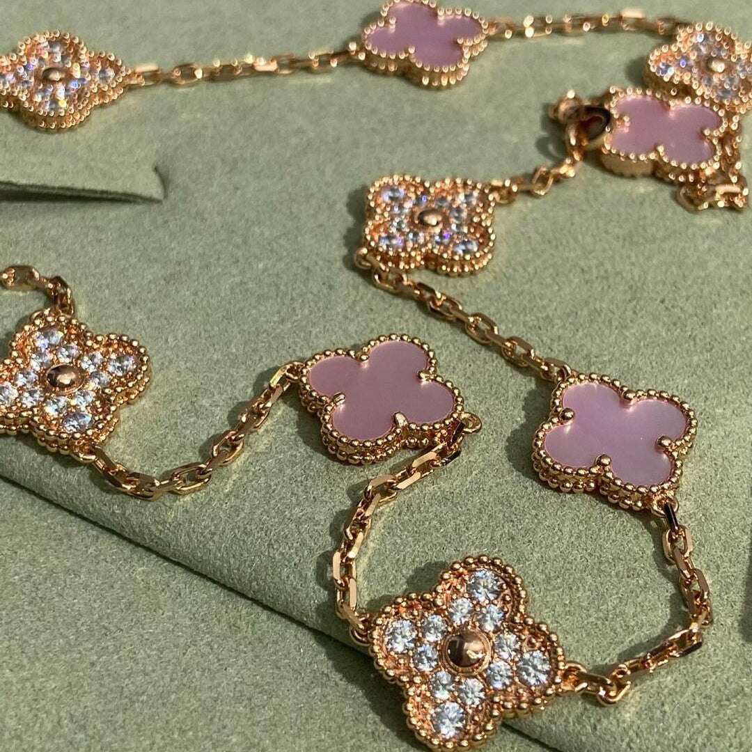 [sparkle Jewelry ]CLOVER 10 MOTIFS DIAMOND PINK MOP NECKLACE