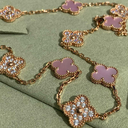 [sparkle Jewelry ]CLOVER 10 MOTIFS DIAMOND PINK MOP NECKLACE