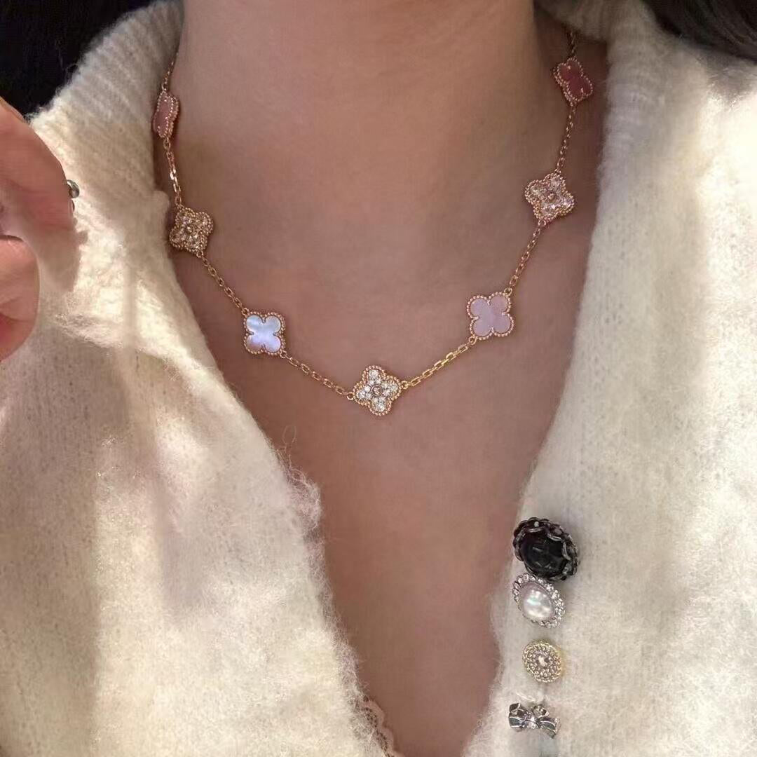 [sparkle Jewelry ]CLOVER 10 MOTIFS DIAMOND PINK MOP NECKLACE