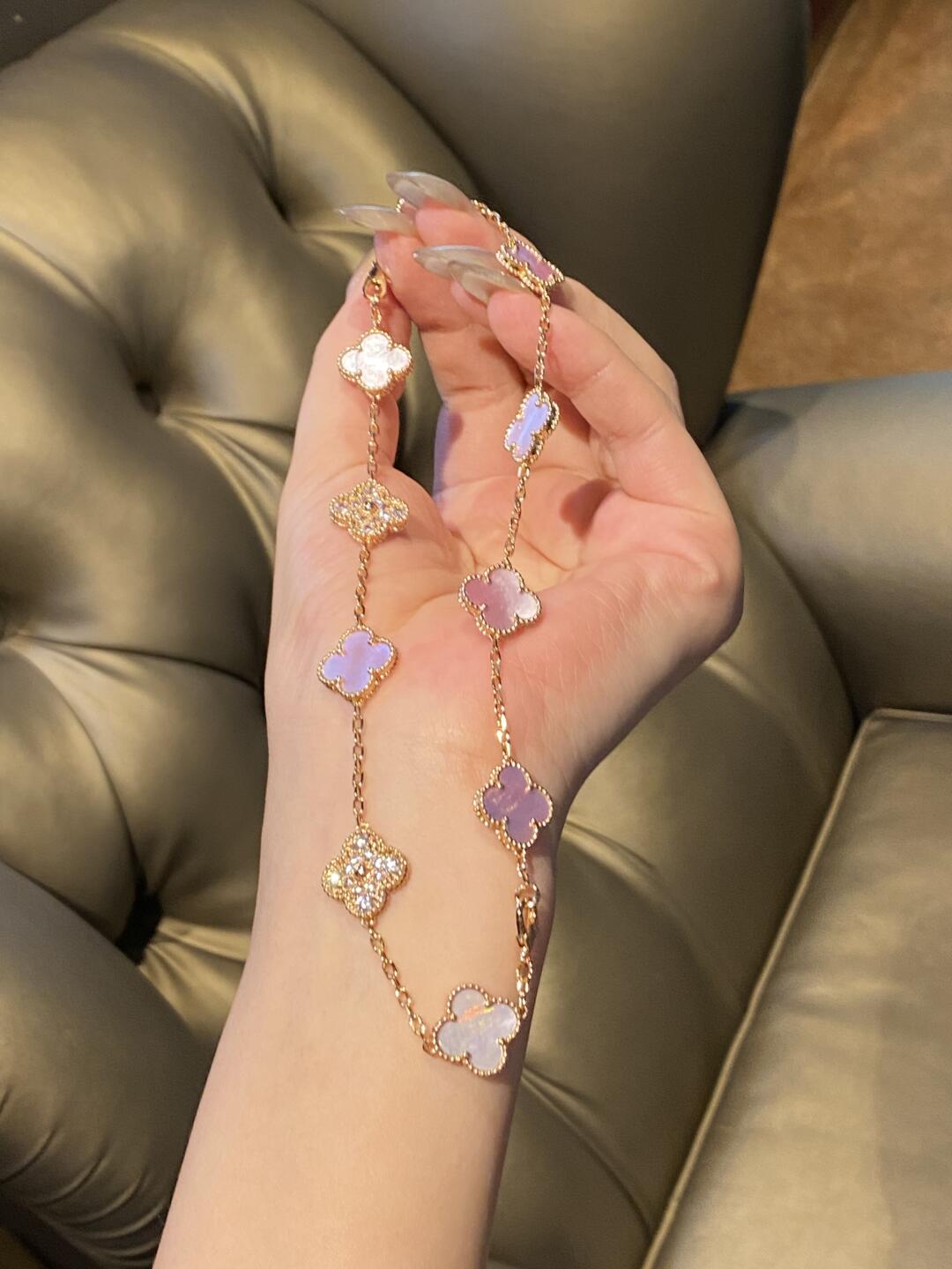 [sparkle Jewelry ]CLOVER 10 MOTIFS DIAMOND PINK MOP NECKLACE