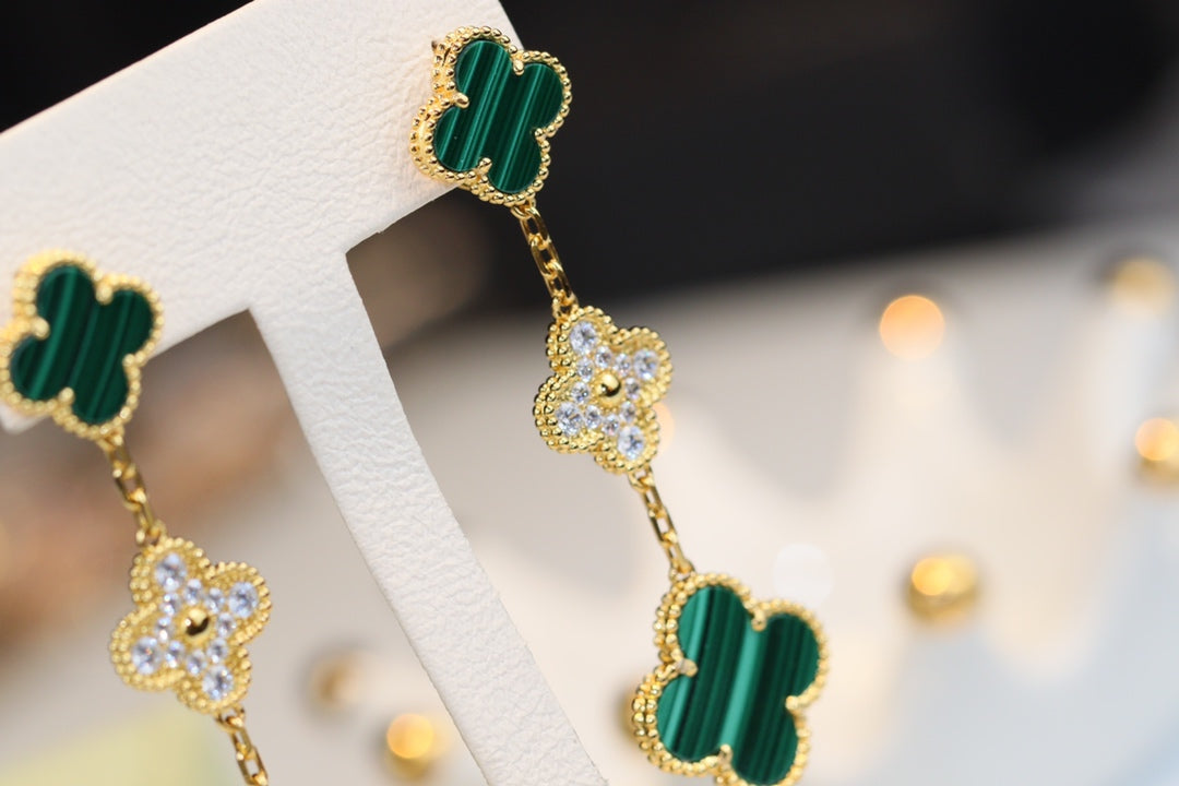 [sparkle Jewelry ]CLOVER EARRINGS GOLD MALACHITE DIAMOND 3 MOTIF