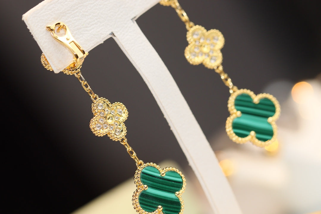 [sparkle Jewelry ]CLOVER EARRINGS GOLD MALACHITE DIAMOND 3 MOTIF