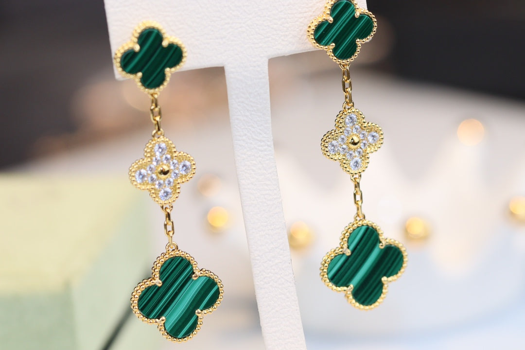 [sparkle Jewelry ]CLOVER EARRINGS GOLD MALACHITE DIAMOND 3 MOTIF