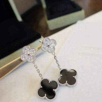 [sparkle Jewelry ]CLOVER 2 MOTIFS  DIAMOND ONYX EARRINGS SILVER
