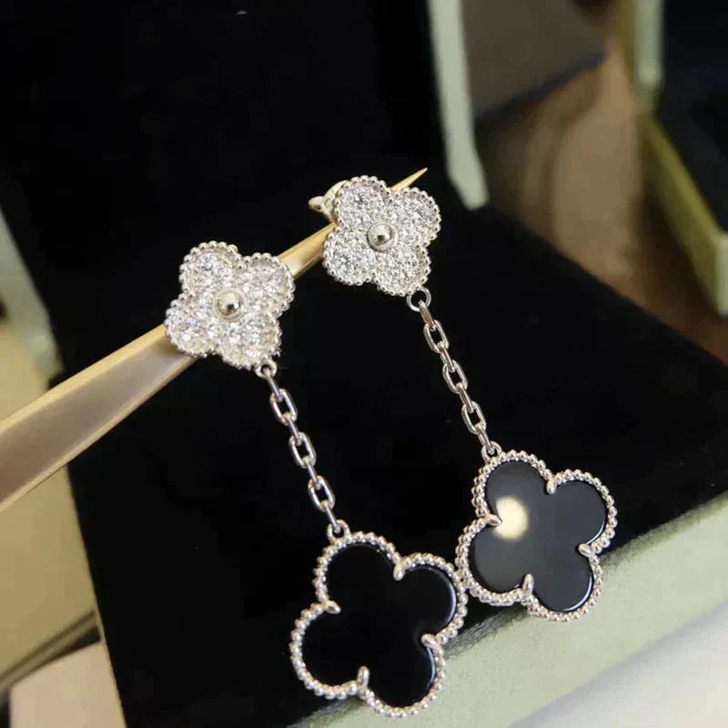 [sparkle Jewelry ]CLOVER 2 MOTIFS  DIAMOND ONYX EARRINGS SILVER