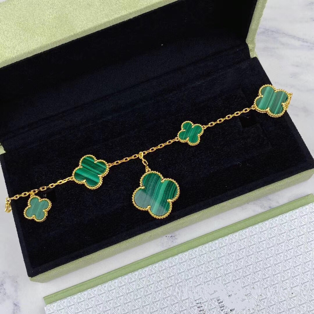 [sparkle Jewelry ]MAGIC CLOVER MALACHITE GOLD BRACELET 5 MOTIFS