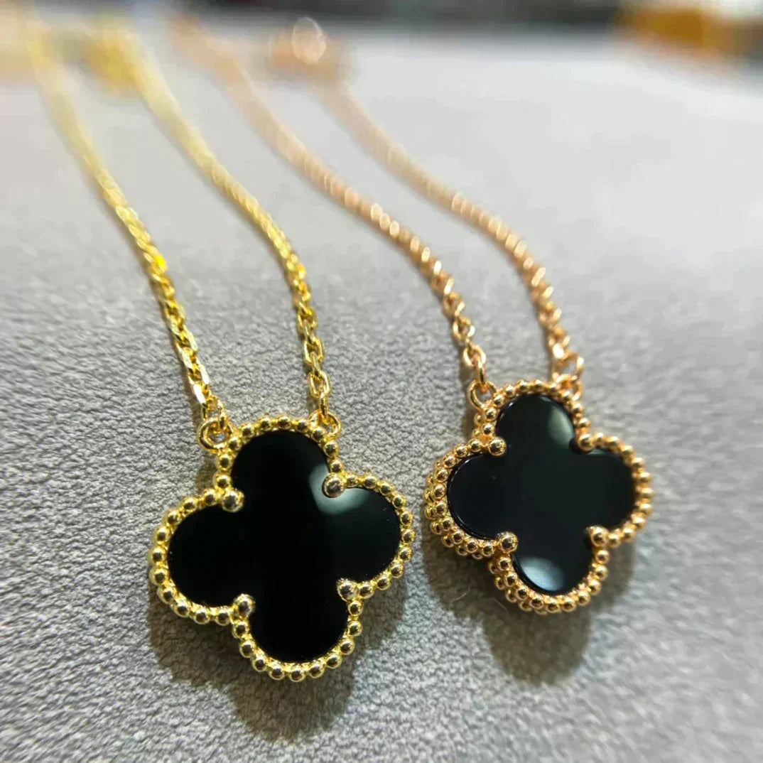[sparkle Jewelry ]CLOVER 15MM BLACK ONYX SINGLE FLOWER NECKLACE