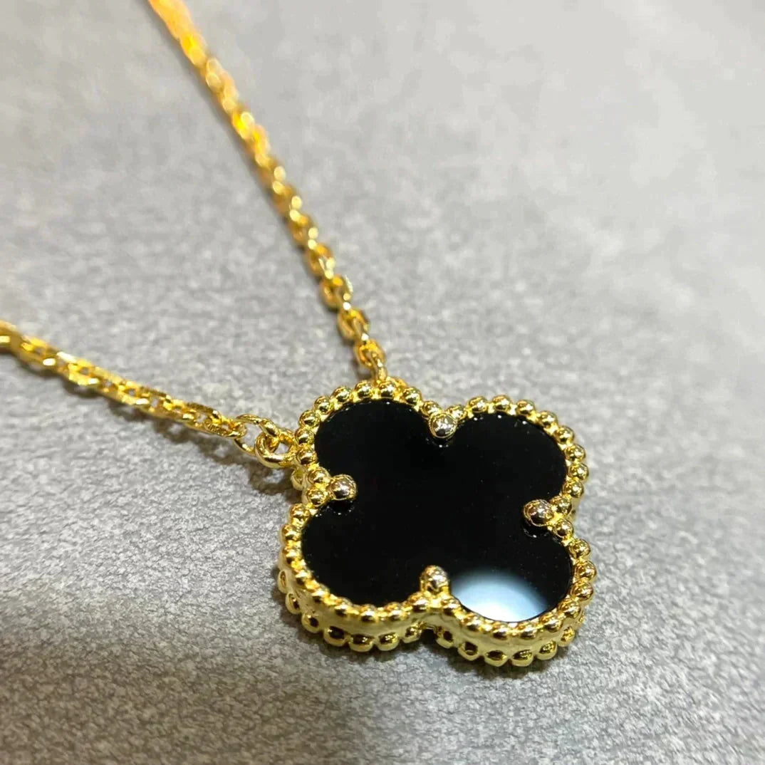 [sparkle Jewelry ]CLOVER 15MM BLACK ONYX SINGLE FLOWER NECKLACE