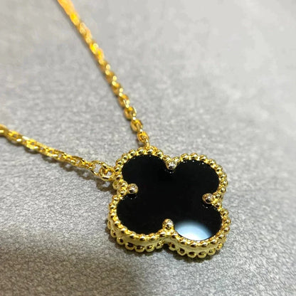 [sparkle Jewelry ]CLOVER 15MM BLACK ONYX SINGLE FLOWER NECKLACE