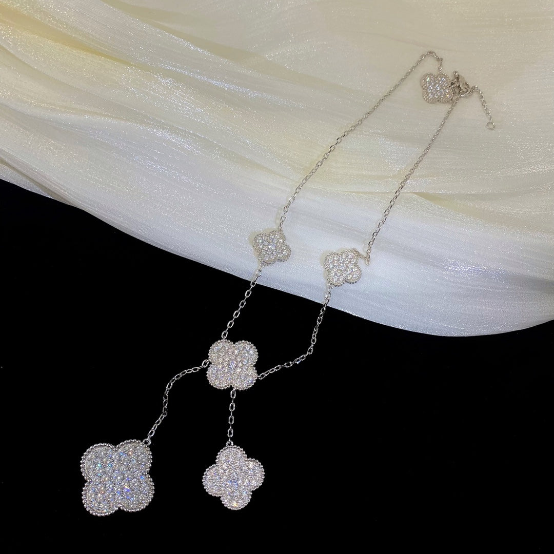 [sparkle Jewelry ]CLOVER 5 MOTIFS SILVER DIAMONDS NECKLACE