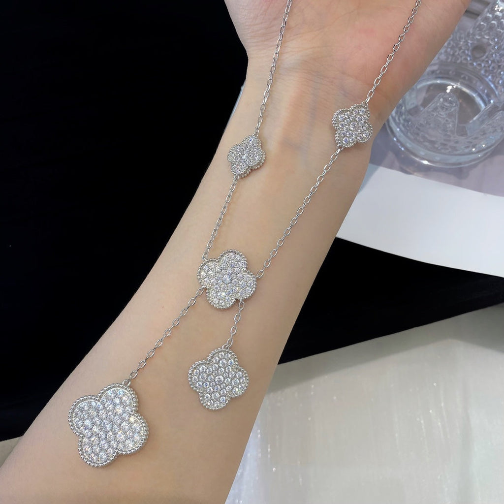 [sparkle Jewelry ]CLOVER 5 MOTIFS SILVER DIAMONDS NECKLACE