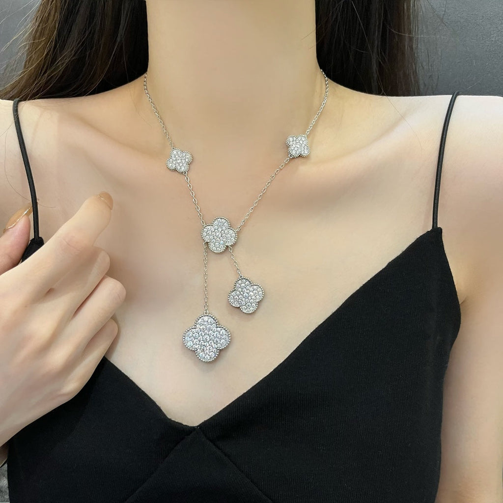 [sparkle Jewelry ]CLOVER 5 MOTIFS SILVER DIAMONDS NECKLACE