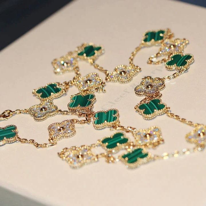 [sparkle Jewelry ]CLOVER 20 MOTIFS MALACHITE DIAMOND NECKLACE