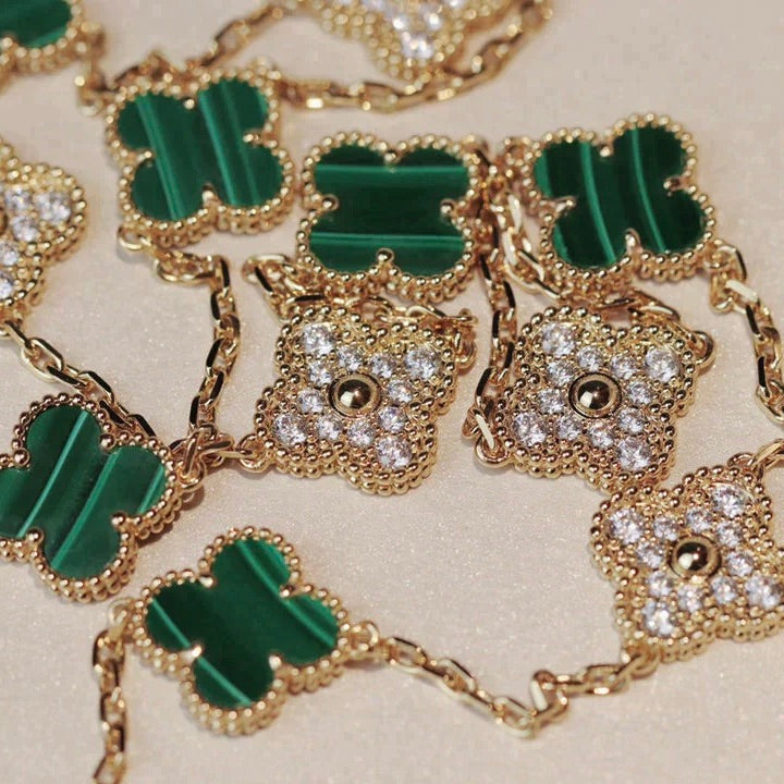 [sparkle Jewelry ]CLOVER 20 MOTIFS MALACHITE DIAMOND NECKLACE