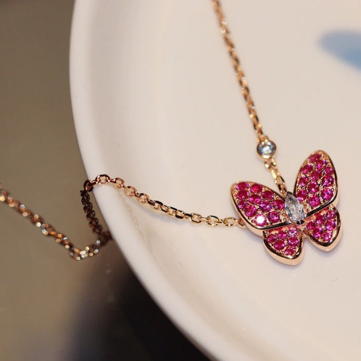 [sparkle Jewelry ]BUTTERFLY RED DIAMOND ROSE GOLD NECKLACE