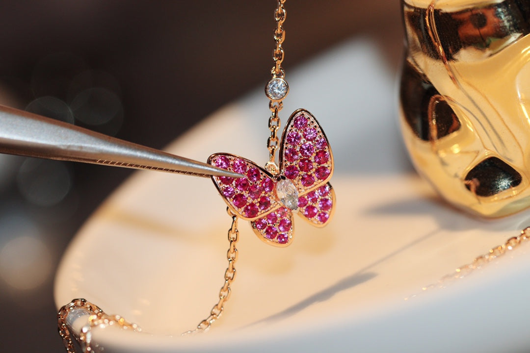 [sparkle Jewelry ]BUTTERFLY RED DIAMOND ROSE GOLD NECKLACE