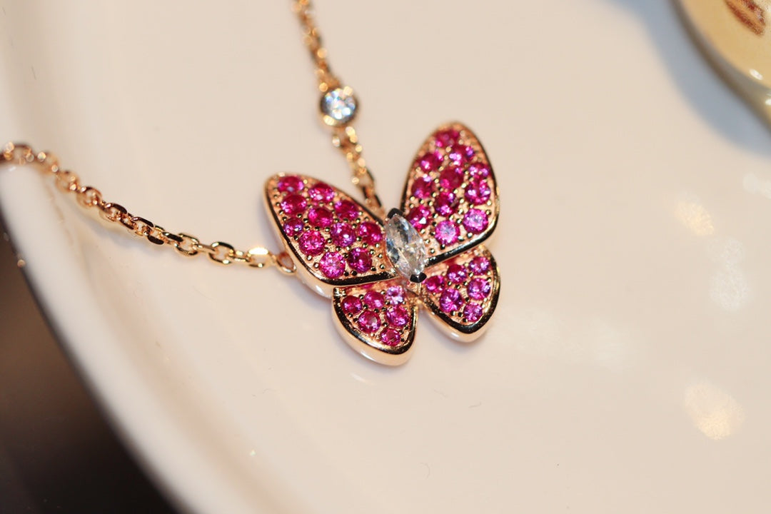 [sparkle Jewelry ]BUTTERFLY RED DIAMOND ROSE GOLD NECKLACE