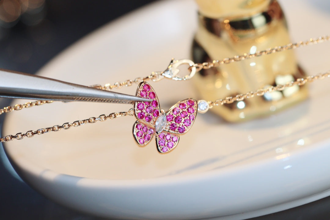[sparkle Jewelry ]BUTTERFLY RED DIAMOND ROSE GOLD NECKLACE