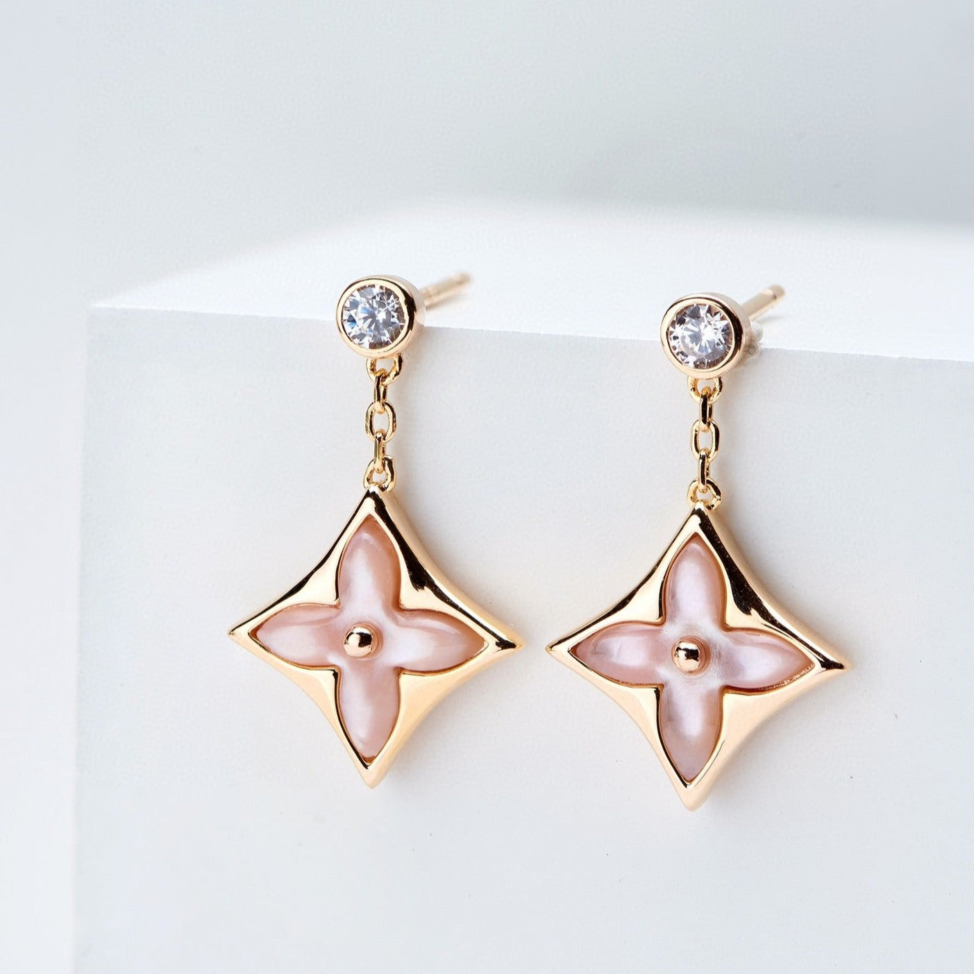 [Sparkle]ダブルスター ローズゴールド マザーオブパール ドロップピアス