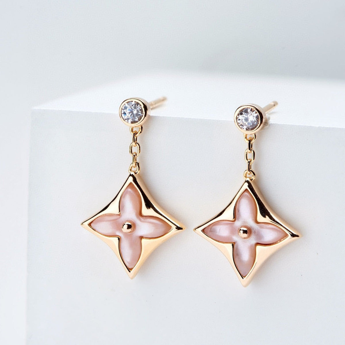 [sparkle Jewelry ]DOUBLE STAR PINK GOLD MOP DROP EARRINGS