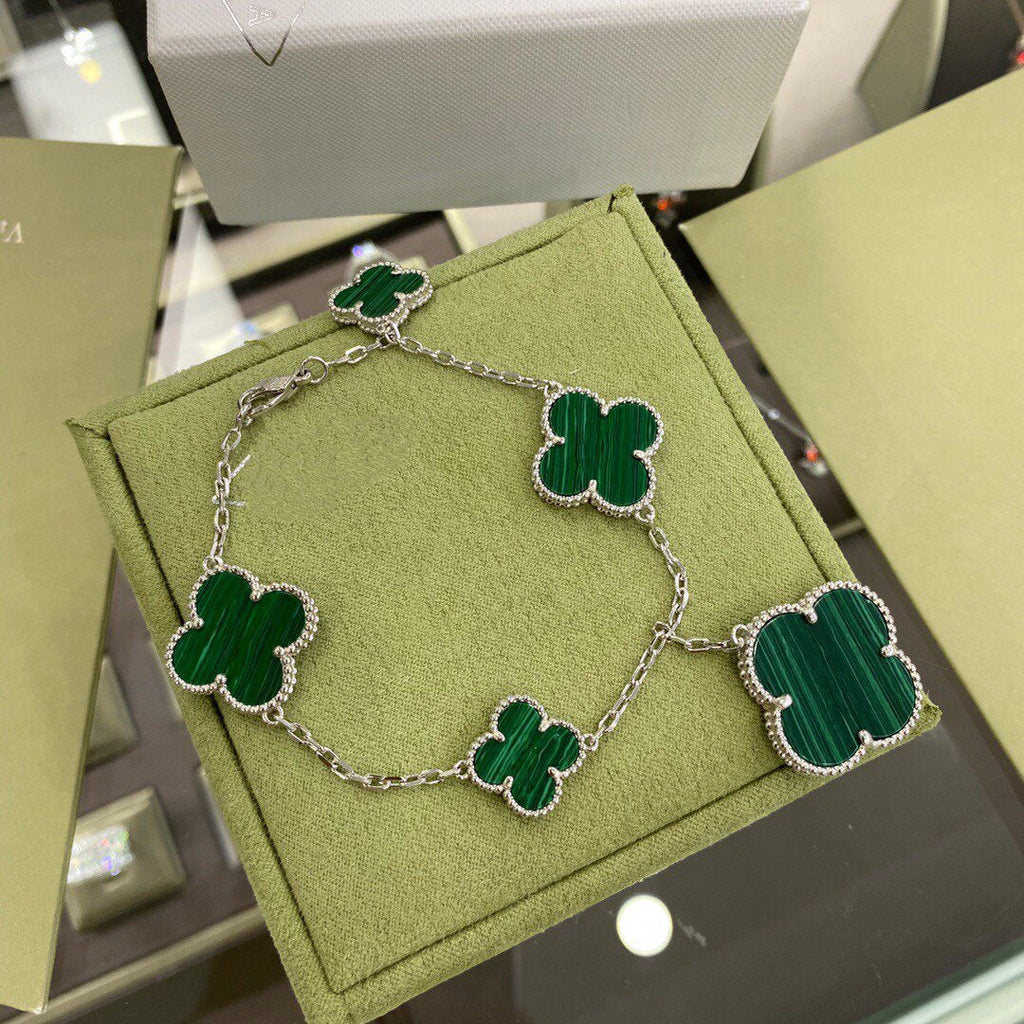 [sparkle Jewelry ]CLOVER 5 MOTIFS SIVLER MALACHITE BRACELET