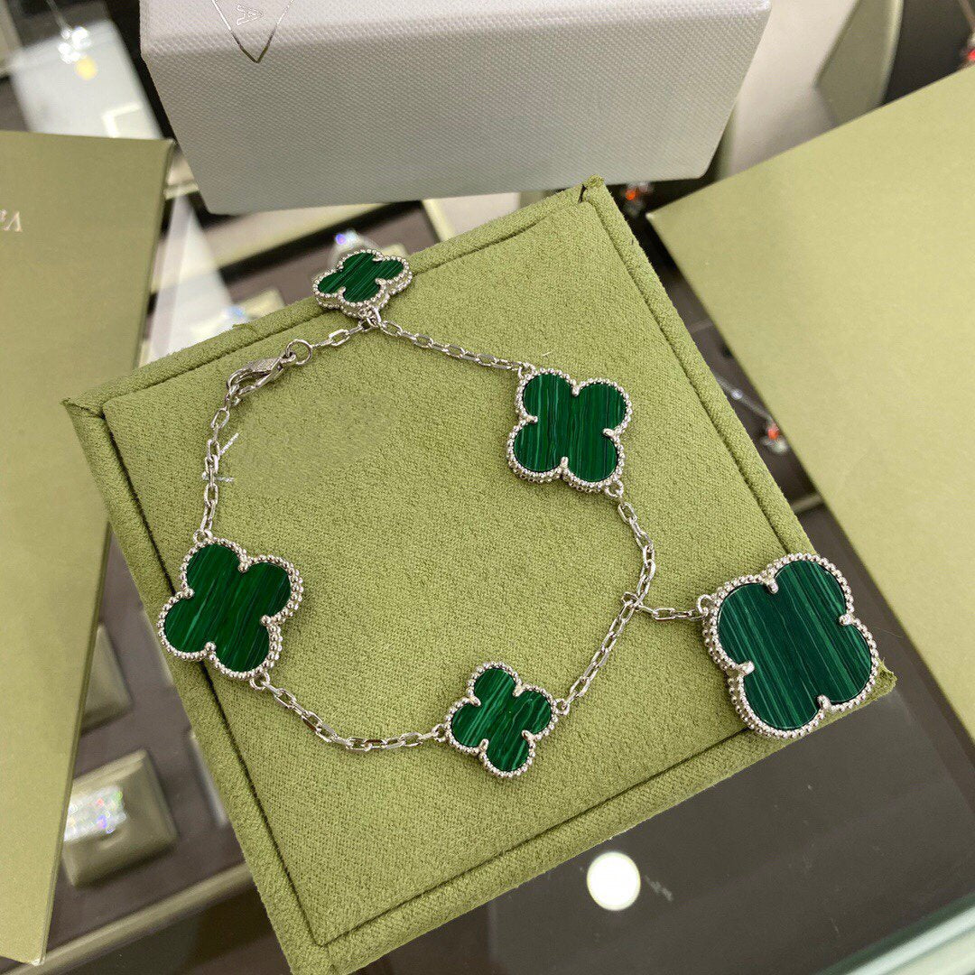 [sparkle Jewelry ]CLOVER 5 MOTIFS SIVLER MALACHITE BRACELET