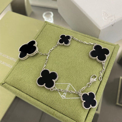 [sparkle Jewelry ]CLOVER 5 MOTIFS SIVLER ONYX BRACELET