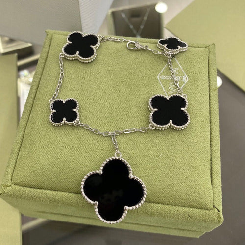 [sparkle Jewelry ]CLOVER 5 MOTIFS SIVLER ONYX BRACELET