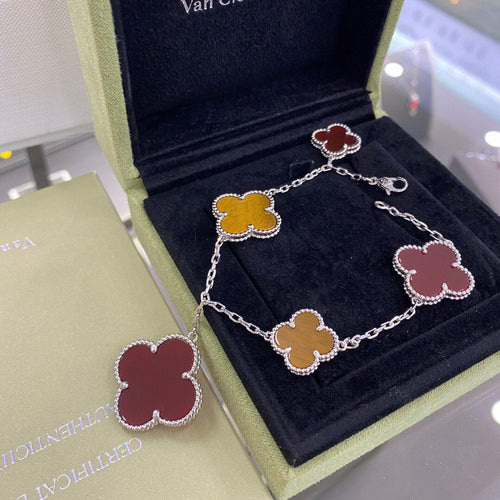 [sparkle Jewelry ]CLOVER 5 MOTIFS SIVLER CARNELIAN TIGER EYE BRACELET