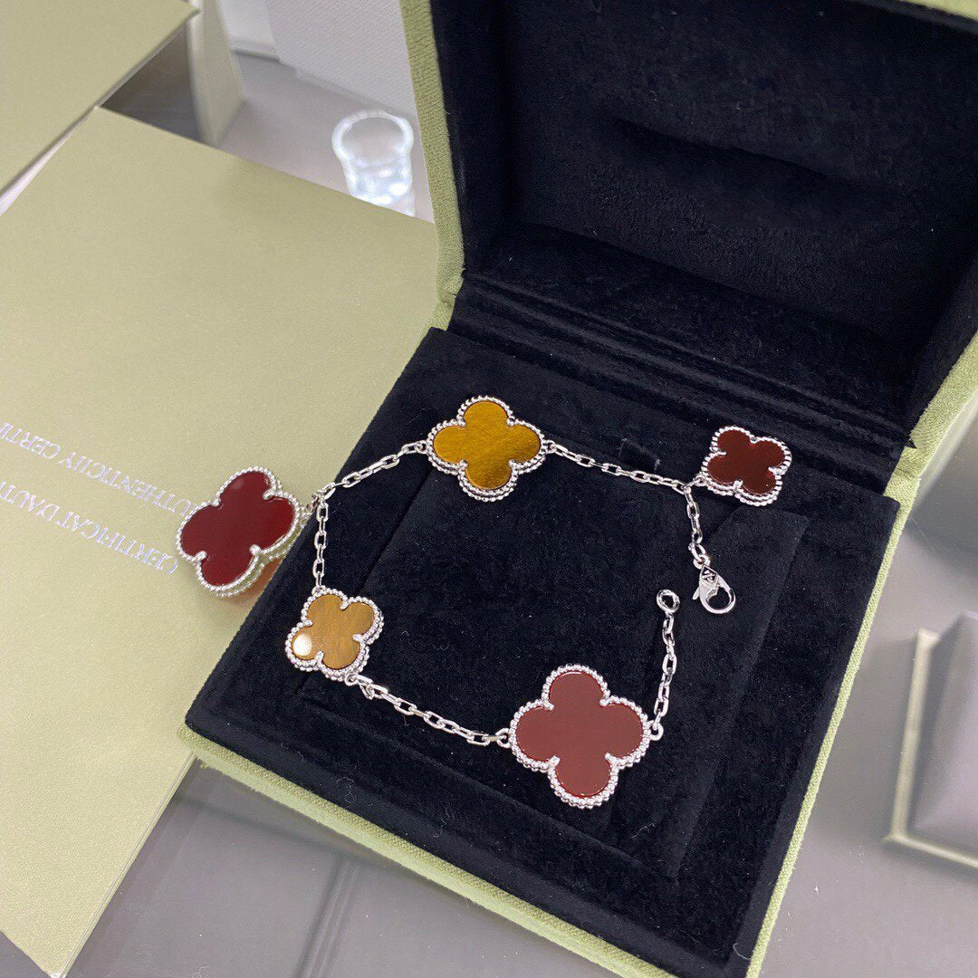 [sparkle Jewelry ]CLOVER 5 MOTIFS SIVLER CARNELIAN TIGER EYE BRACELET