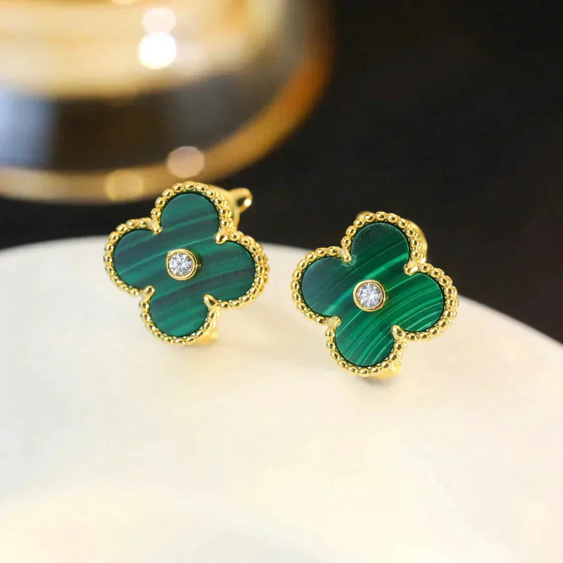 [sparkle Jewelry ]CLOVER MEDIUM 1 MOTIFS MALACHITE DIAMOND EARRINGS