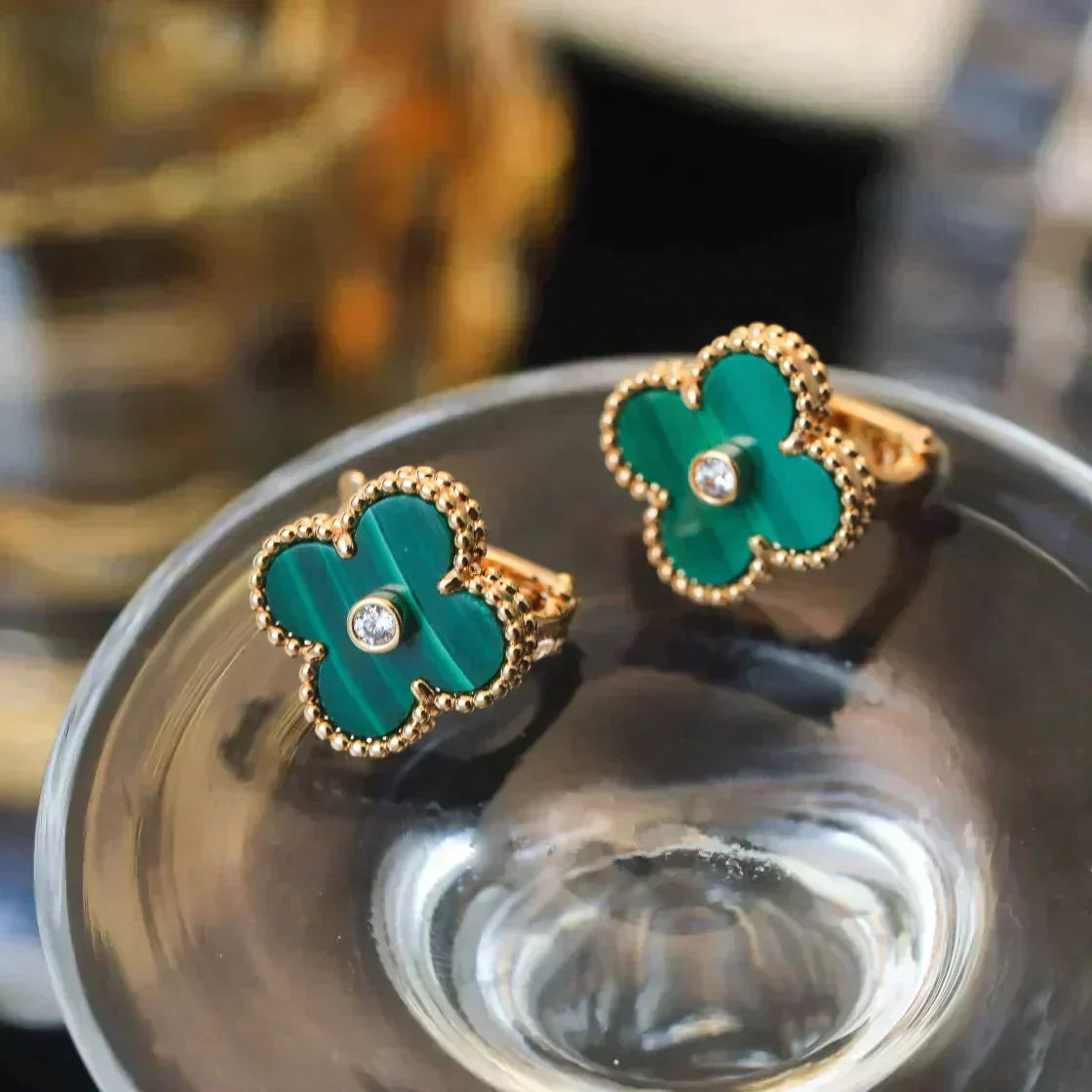 [sparkle Jewelry ]CLOVER MEDIUM 1 MOTIFS MALACHITE DIAMOND EARRINGS