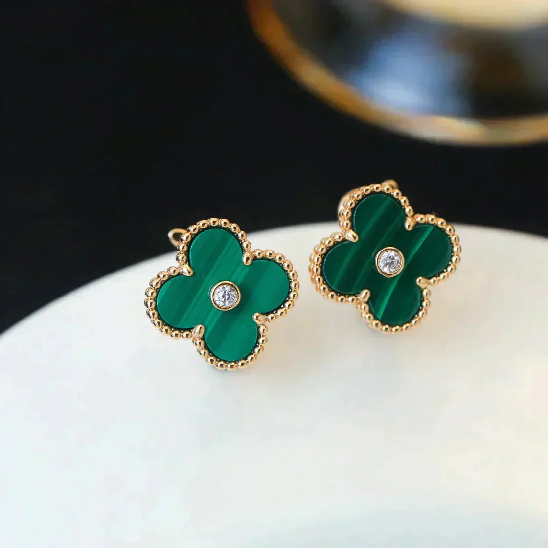 [sparkle Jewelry ]CLOVER MEDIUM 1 MOTIFS MALACHITE DIAMOND EARRINGS