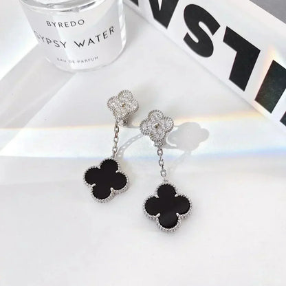 [sparkle Jewelry ]CLOVER 2 MOTIFS  DIAMOND ONYX EARRINGS SILVER