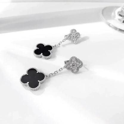 [sparkle Jewelry ]CLOVER 2 MOTIFS  DIAMOND ONYX EARRINGS SILVER