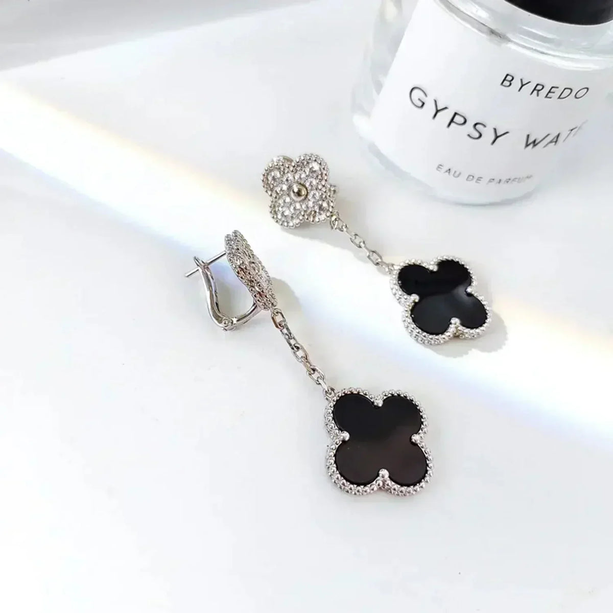 [sparkle Jewelry ]CLOVER 2 MOTIFS  DIAMOND ONYX EARRINGS SILVER