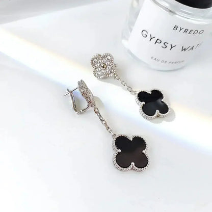 [sparkle Jewelry ]CLOVER 2 MOTIFS  DIAMOND ONYX EARRINGS SILVER