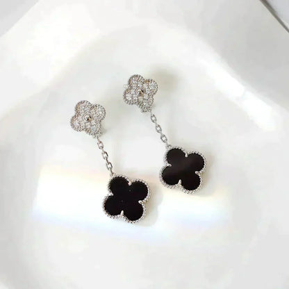 [sparkle Jewelry ]CLOVER 2 MOTIFS  DIAMOND ONYX EARRINGS SILVER
