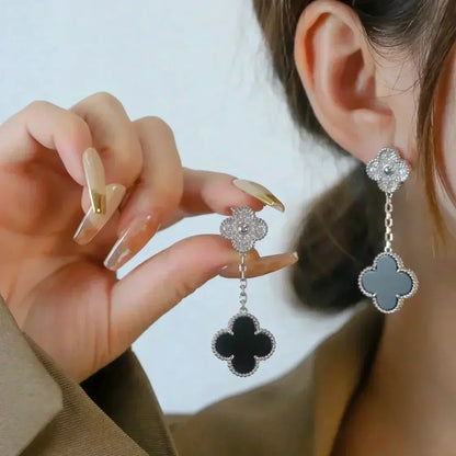 [sparkle Jewelry ]CLOVER 2 MOTIFS  DIAMOND ONYX EARRINGS SILVER