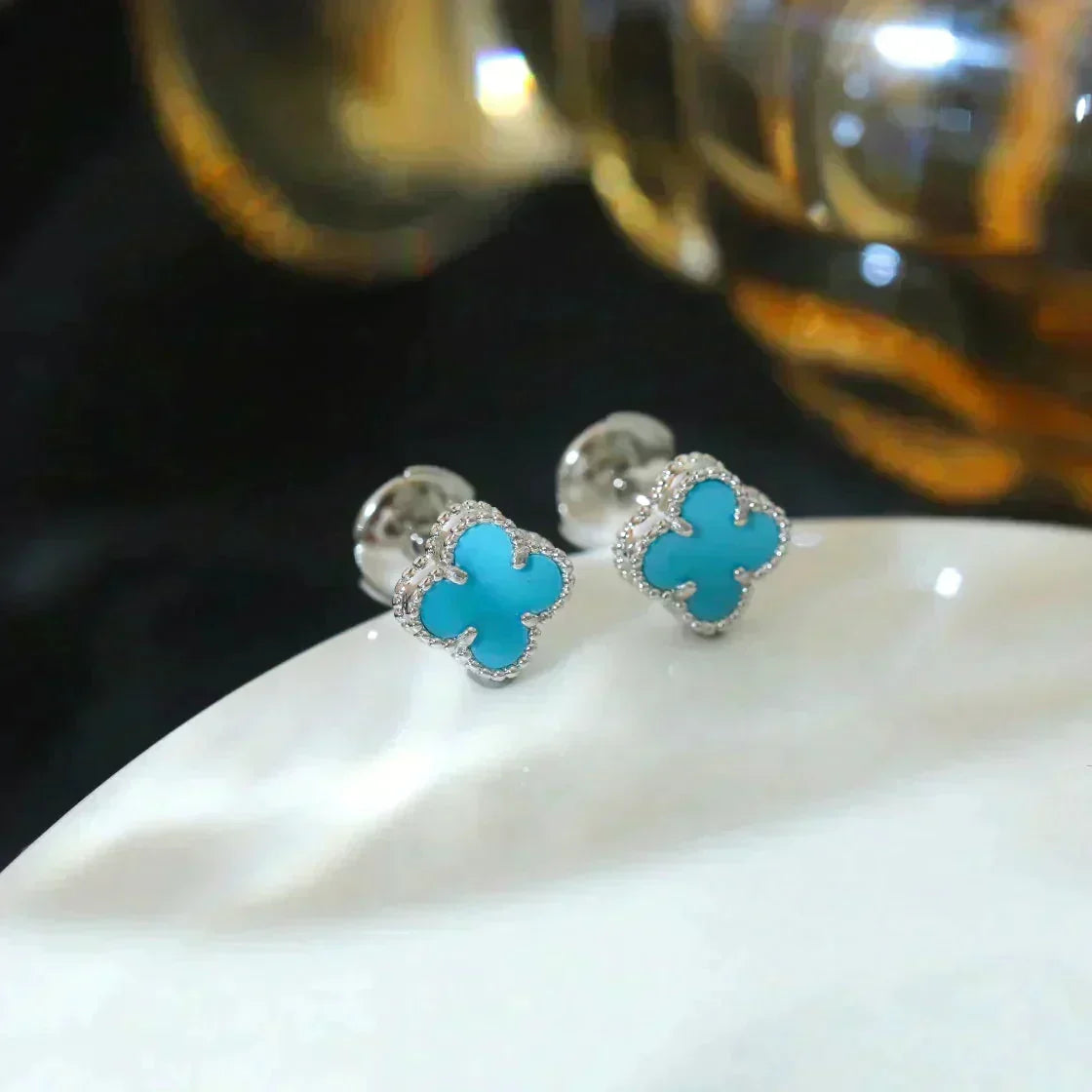 [sparkle Jewelry ]CLOVER MINI 9.5MM ONYX STUD EARRINGS SILVER