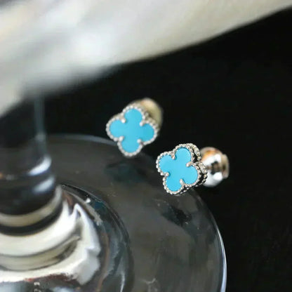 [sparkle Jewelry ]CLOVER MINI 9.5MM ONYX STUD EARRINGS SILVER