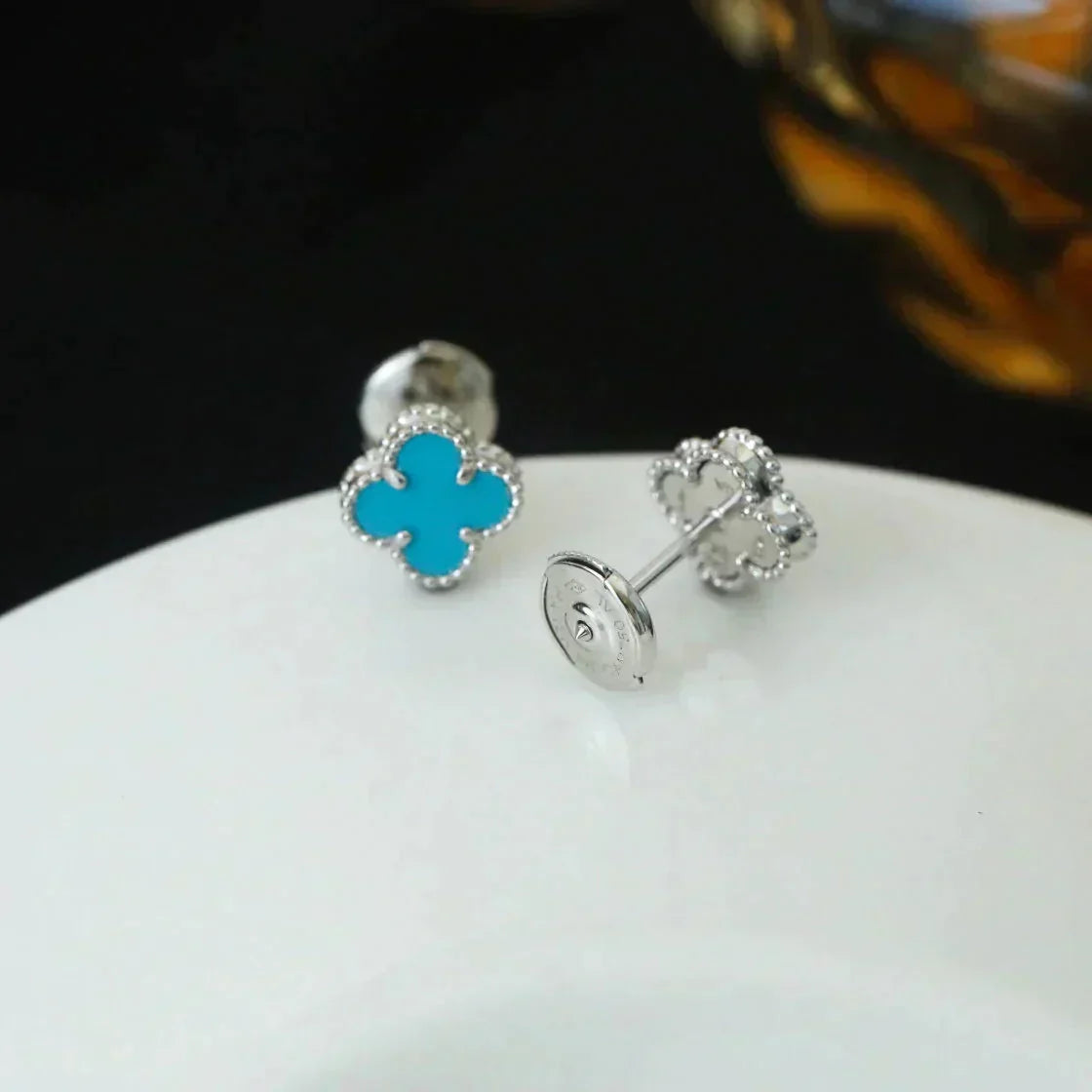 [sparkle Jewelry ]CLOVER MINI 9.5MM ONYX STUD EARRINGS SILVER