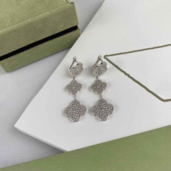 [sparkle Jewelry ]CLOVER 3 MOTIF DIAMOND SILVER DROP EARRINGS