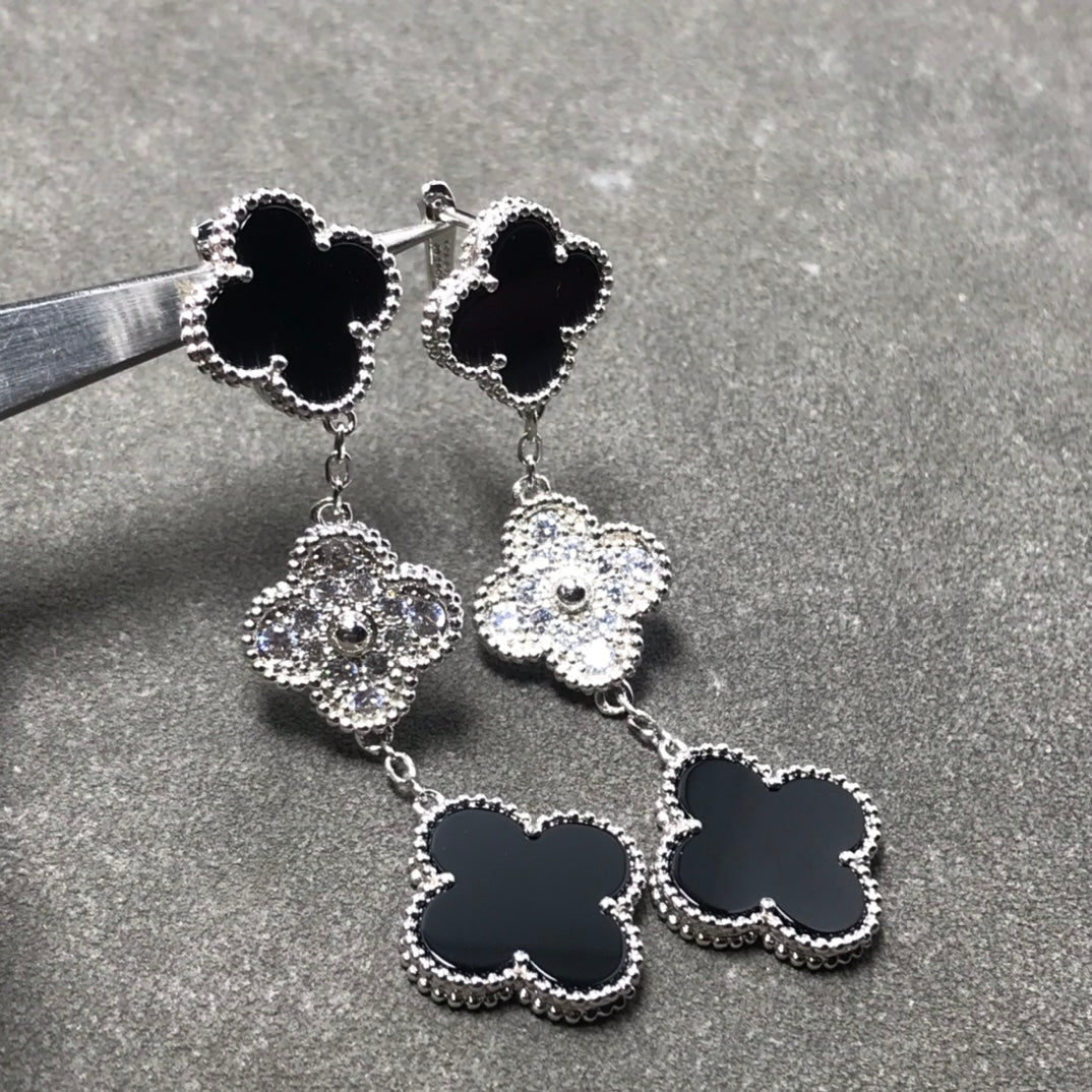 [sparkle Jewelry ]CLOVER 3 MOTIF DIAMOND ONYX SILVER EARRINGS