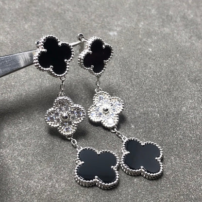[sparkle Jewelry ]CLOVER 3 MOTIF DIAMOND ONYX SILVER EARRINGS