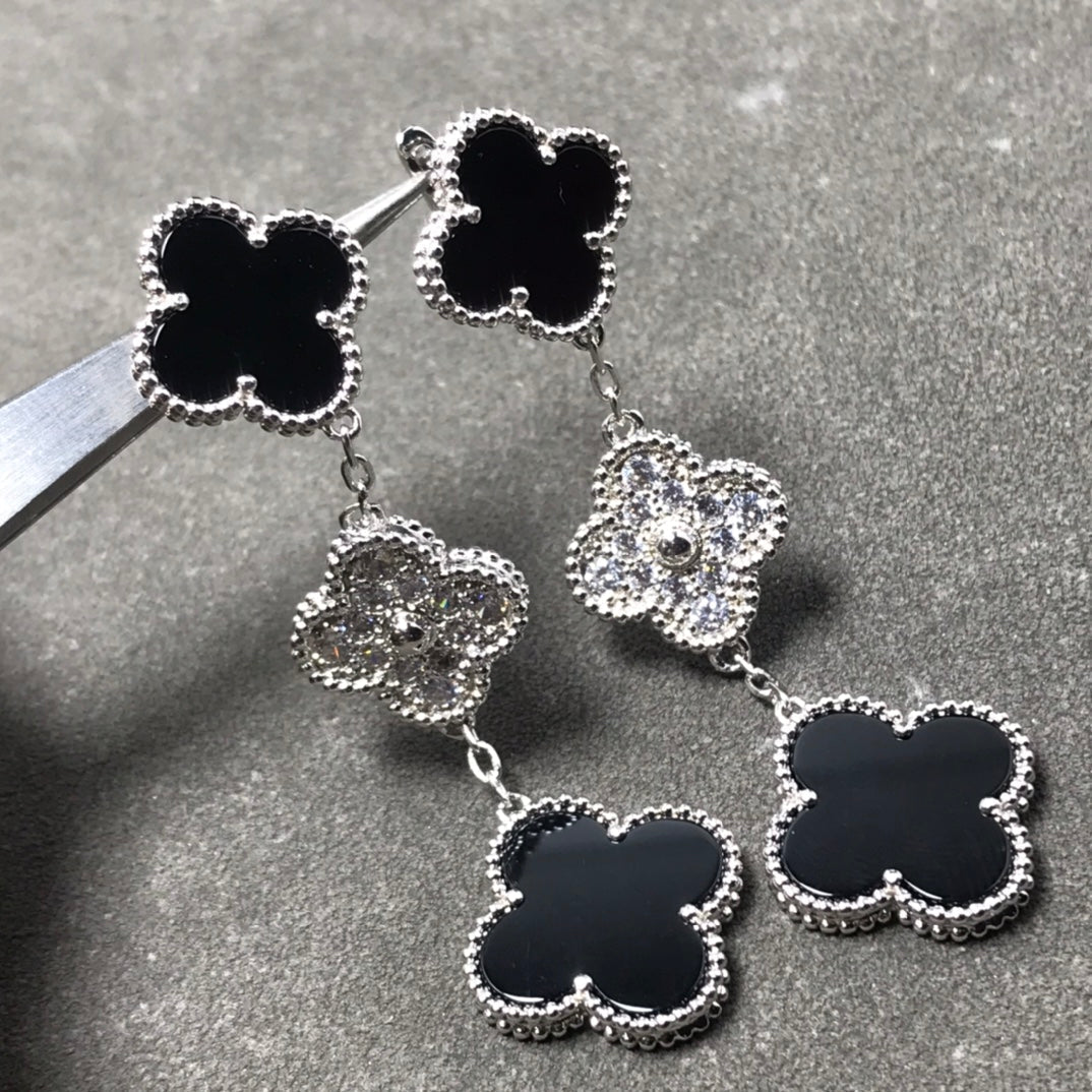 [sparkle Jewelry ]CLOVER 3 MOTIF DIAMOND ONYX SILVER EARRINGS