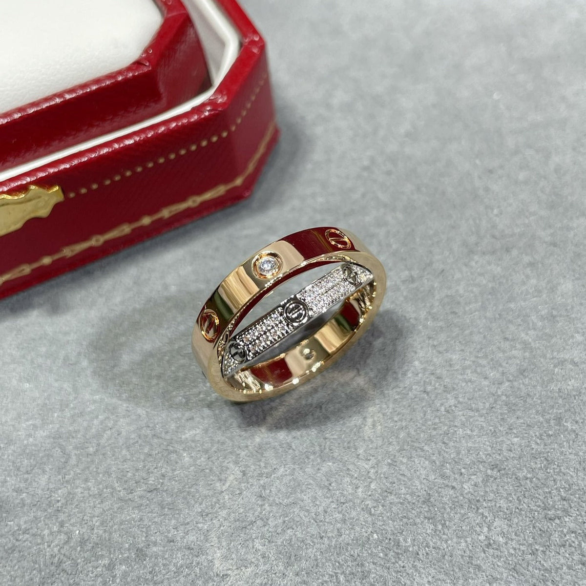 [sparkle Jewelery]LOVE PINK GOLD SILVER DIAMOND DOUBLE RING