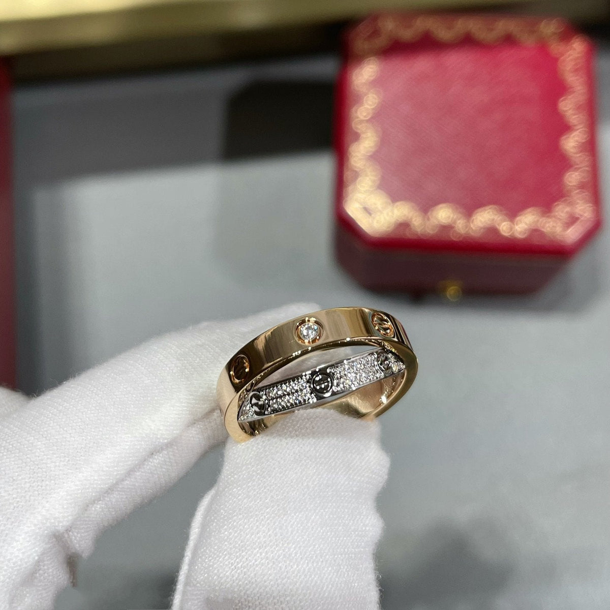 [sparkle Jewelery]LOVE PINK GOLD SILVER DIAMOND DOUBLE RING
