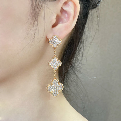 [sparkle Jewelry ]CLOVER 3 MOTIFS DIAMOND PAVED ROSE GOLD EARRINGS