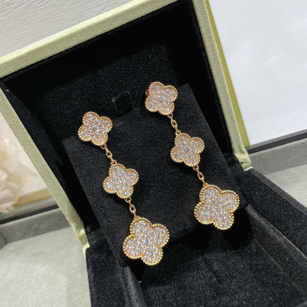 [sparkle Jewelry ]CLOVER 3 MOTIFS DIAMOND PAVED ROSE GOLD EARRINGS